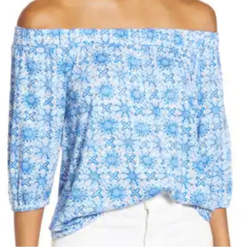 Ladies NWOT office the shoulder blue and white top
